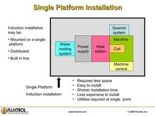 Single Platform Installation Requires less space Easy to install Shorter installation time Less expensive to install Utilities required at single  point  Induction installation may be: Mounted on a single  platform  Distributed Built in line  Single Platform  Induction installation: Water cooling system Power supply Heat station Coil Quench system Machine control Machine 