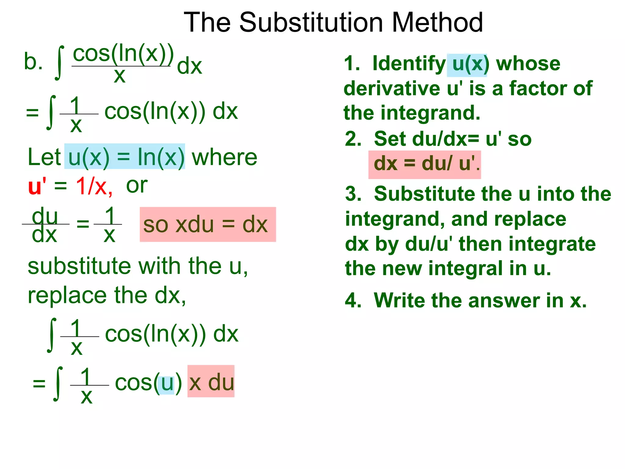 The Substitution Method
∫ cos(ln(x))b. dxx
1. Identify u(x) whose
derivative u' is a factor of
the integrand.
2. Set du/dx= u' so
dx = du/ u'.
3. Substitute the u into the
integrand, and replace
dx by du/u' then integrate
the new integral in u.
4. Write the answer in x.
Let u(x) = ln(x) where
u' = 1/x, or
du
dx = 1
x so xdu = dx
∫ cos(ln(x)) dx= x
1
∫ cos(u) x du
x
1
substitute with the u,
replace the dx,
∫ cos(ln(x)) dx
=
x
1
 