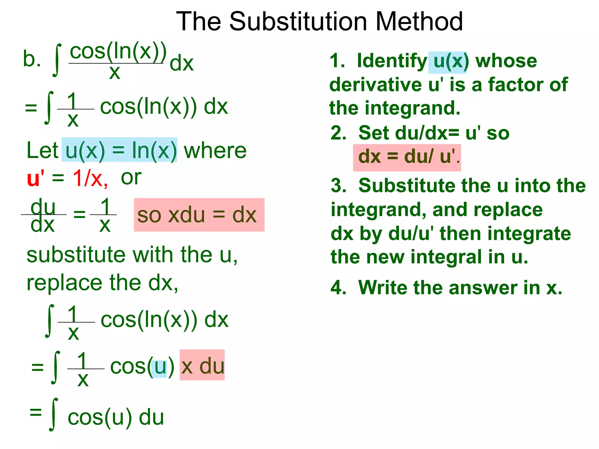 The Substitution Method
∫ cos(ln(x))b. dxx
1. Identify u(x) whose
derivative u' is a factor of
the integrand.
2. Set du/dx= u' so
dx = du/ u'.
3. Substitute the u into the
integrand, and replace
dx by du/u' then integrate
the new integral in u.
4. Write the answer in x.
Let u(x) = ln(x) where
u' = 1/x, or
du
dx = 1
x so xdu = dx
∫ cos(ln(x)) dx= x
1
∫ cos(u) x du
x
1
∫ cos(u) du=
substitute with the u,
replace the dx,
∫ cos(ln(x)) dx
=
x
1
 