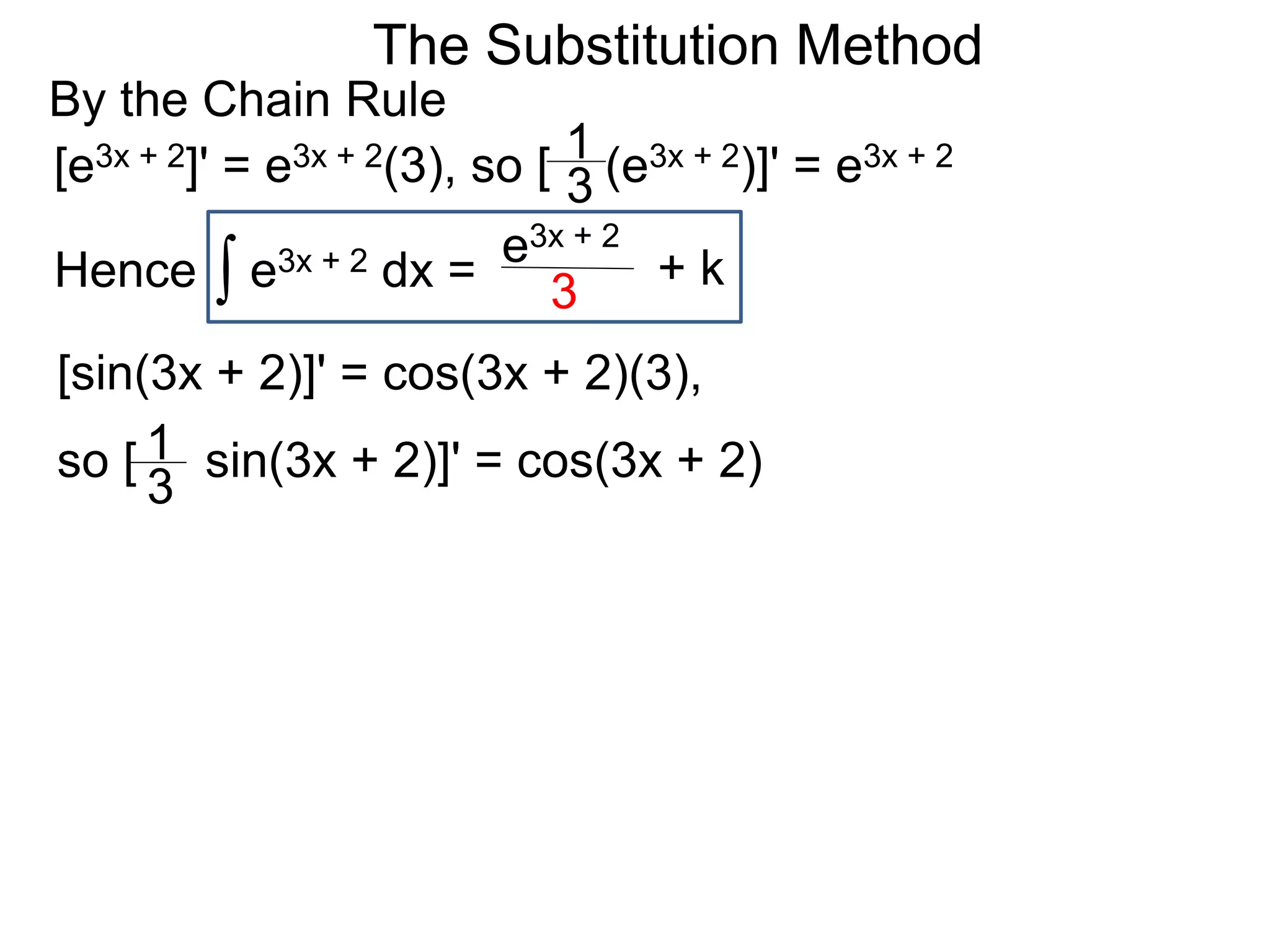 The Substitution Method
By the Chain Rule
[sin(3x + 2)]' = cos(3x + 2)(3),
[e3x + 2]' = e3x + 2(3), so [ (e3x + 2)]' = e3x + 2
∫ e3x + 2 dx =Hence
e3x + 2
3 + k
3
1
so [ sin(3x + 2)]' = cos(3x + 2)
3
1
 