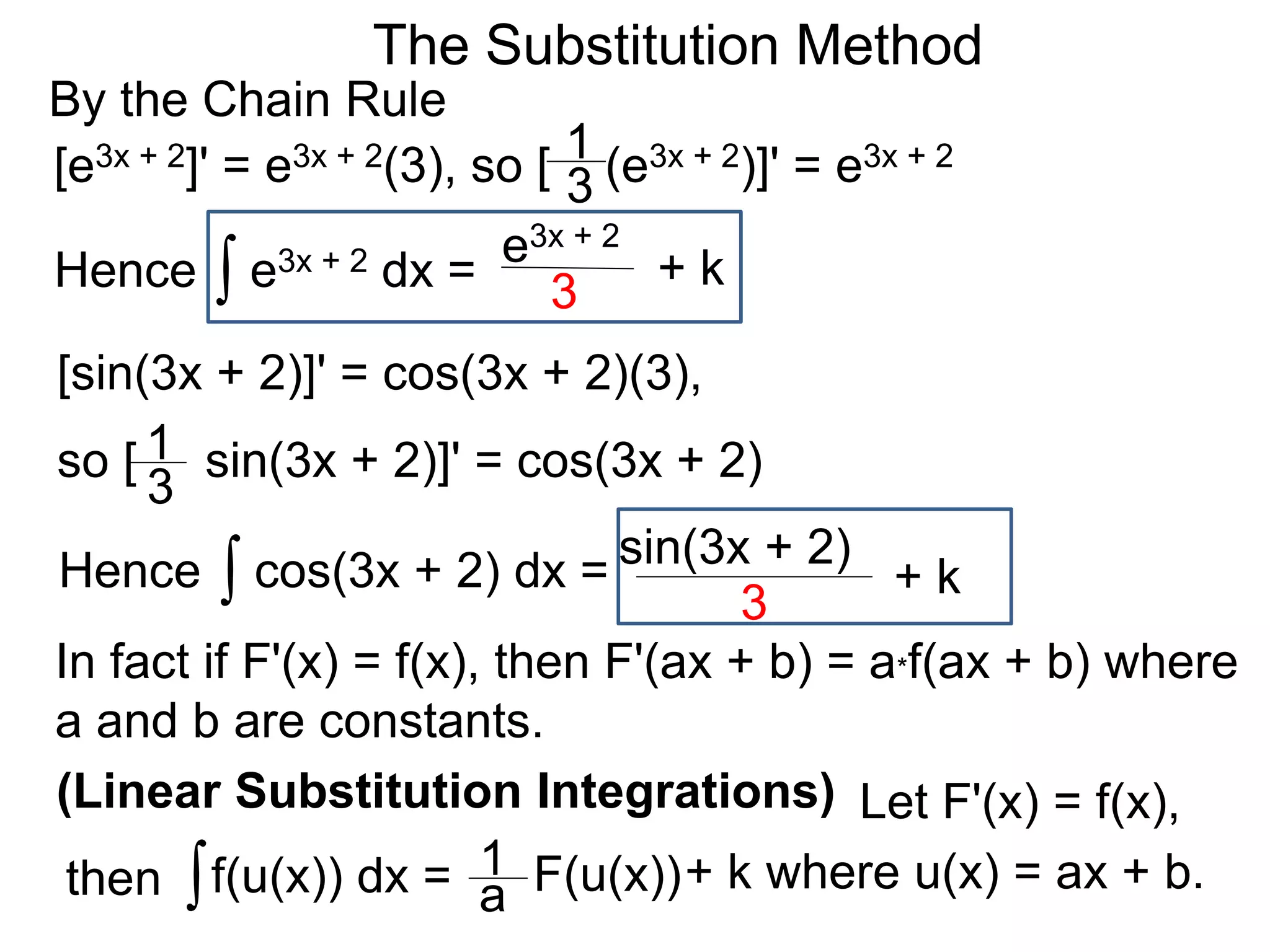 The Substitution Method
By the Chain Rule
[sin(3x + 2)]' = cos(3x + 2)(3),
[e3x + 2]' = e3x + 2(3), so [ (e3x + 2)]' = e3x + 2
∫ e3x + 2 dx =Hence
e3x + 2
3 + k
3
1
so [ sin(3x + 2)]' = cos(3x + 2)
3
1
∫ cos(3x + 2) dx =Hence sin(3x + 2)
3
+ k
In fact if F'(x) = f(x), then F'(ax + b) = a*f(ax + b) where
a and b are constants.
∫f(u(x)) dx = F(u(x))a + k where u(x) = ax + b.
(Linear Substitution Integrations) Let F'(x) = f(x),
1then
 