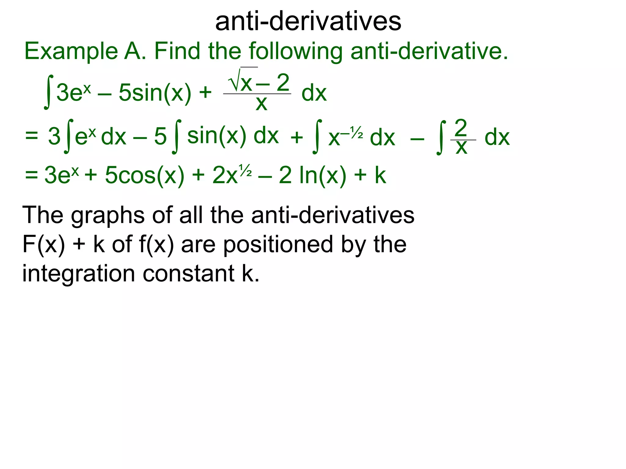 anti-derivatives
Example A. Find the following anti-derivative.
∫3ex – 5sin(x) + x
√x – 2
= ∫3 ex dx – 5 x–½ dx∫ dx∫ ∫ x
2sin(x) dx + –
= 3ex + 5cos(x) + 2x½ – 2 ln(x) + k
dx
The graphs of all the anti-derivatives
F(x) + k of f(x) are positioned by the
integration constant k.
 