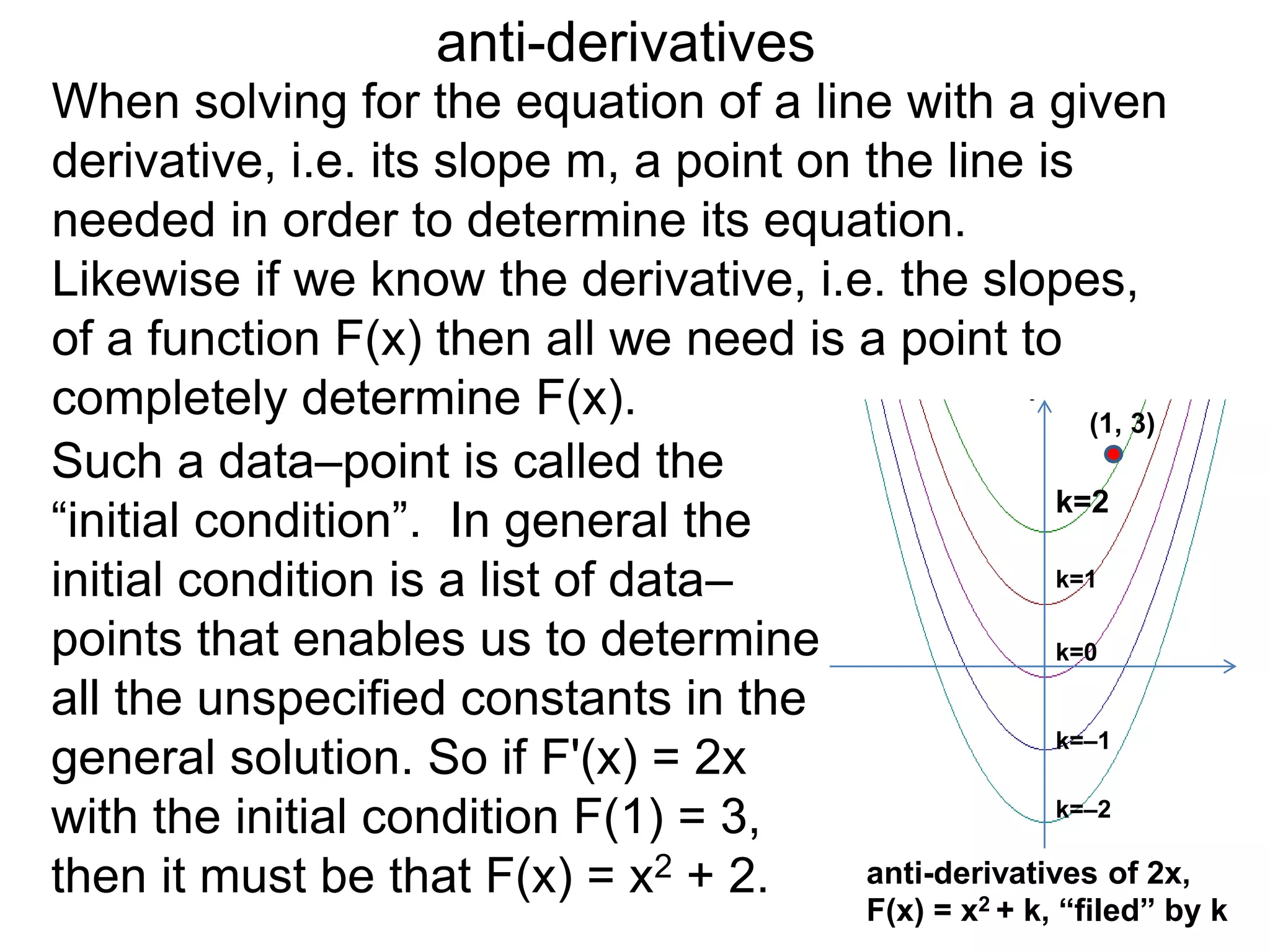 anti-derivatives
When solving for the equation of a line with a given
derivative, i.e. its slope m, a point on the line is
needed in order to determine its equation.
Likewise if we know the derivative, i.e. the slopes,
of a function F(x) then all we need is a point to
completely determine F(x).
anti-derivatives of 2x,
F(x) = x2 + k, “filed” by k
k=–2
k=–1
k=0
k=1
k=2
Such a data–point is called the
“initial condition”. In general the
initial condition is a list of data–
points that enables us to determine
all the unspecified constants in the
general solution. So if F'(x) = 2x
with the initial condition F(1) = 3,
then it must be that F(x) = x2 + 2.
(1, 3)
 