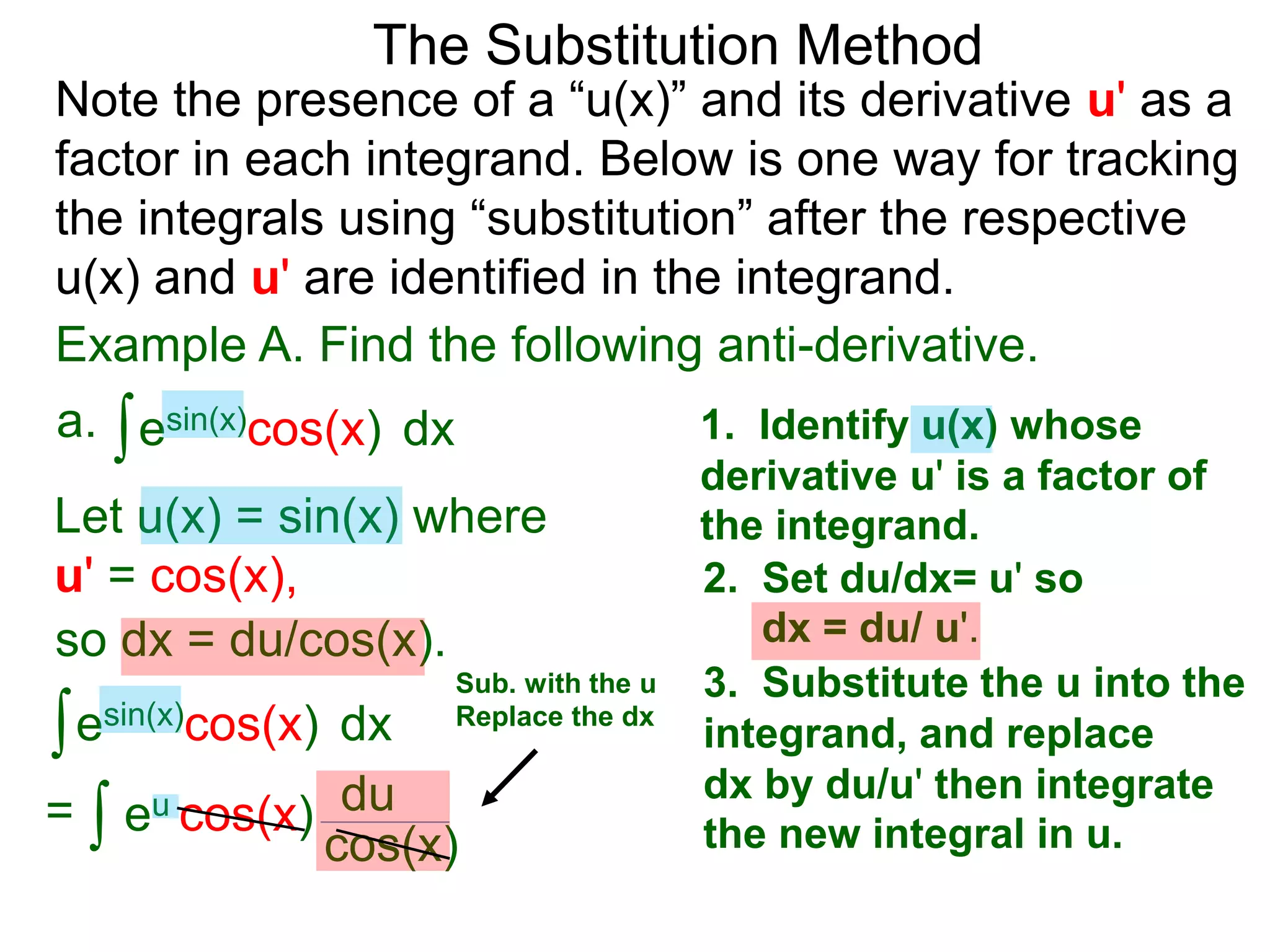 Example A. Find the following anti-derivative.
∫esin(x)cos(x)a. dx
The Substitution Method
1. Identify u(x) whose
derivative u' is a factor of
the integrand.Let u(x) = sin(x) where
u' = cos(x), 2. Set du/dx= u' so
dx = du/ u'.so dx = du/cos(x).
3. Substitute the u into the
integrand, and replace
dx by du/u' then integrate
the new integral in u.
∫esin(x)cos(x) dx
∫ eu cos(x)= du
cos(x)
Sub. with the u
Replace the dx
Note the presence of a “u(x)” and its derivative u' as a
factor in each integrand. Below is one way for tracking
the integrals using “substitution” after the respective
u(x) and u' are identified in the integrand.
 