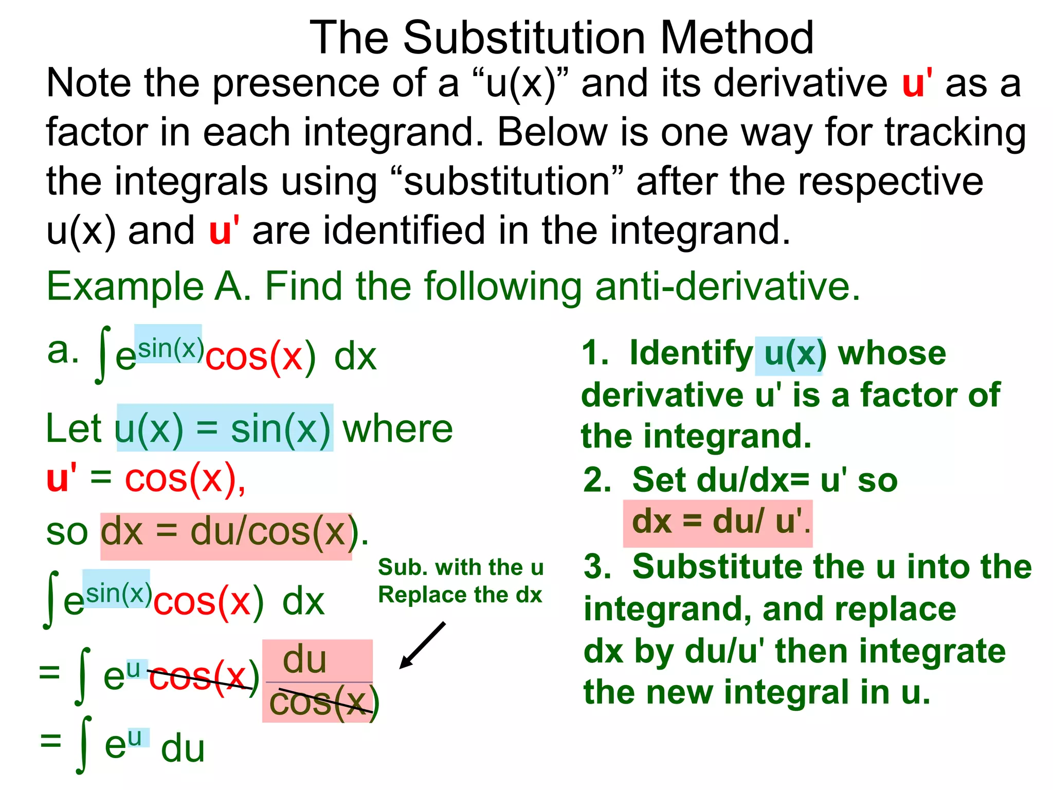 Example A. Find the following anti-derivative.
∫esin(x)cos(x)a. dx
The Substitution Method
1. Identify u(x) whose
derivative u' is a factor of
the integrand.Let u(x) = sin(x) where
u' = cos(x), 2. Set du/dx= u' so
dx = du/ u'.so dx = du/cos(x).
3. Substitute the u into the
integrand, and replace
dx by du/u' then integrate
the new integral in u.
∫esin(x)cos(x) dx
∫ eu cos(x)= du
cos(x)
∫ eu= du
Sub. with the u
Replace the dx
Note the presence of a “u(x)” and its derivative u' as a
factor in each integrand. Below is one way for tracking
the integrals using “substitution” after the respective
u(x) and u' are identified in the integrand.
 