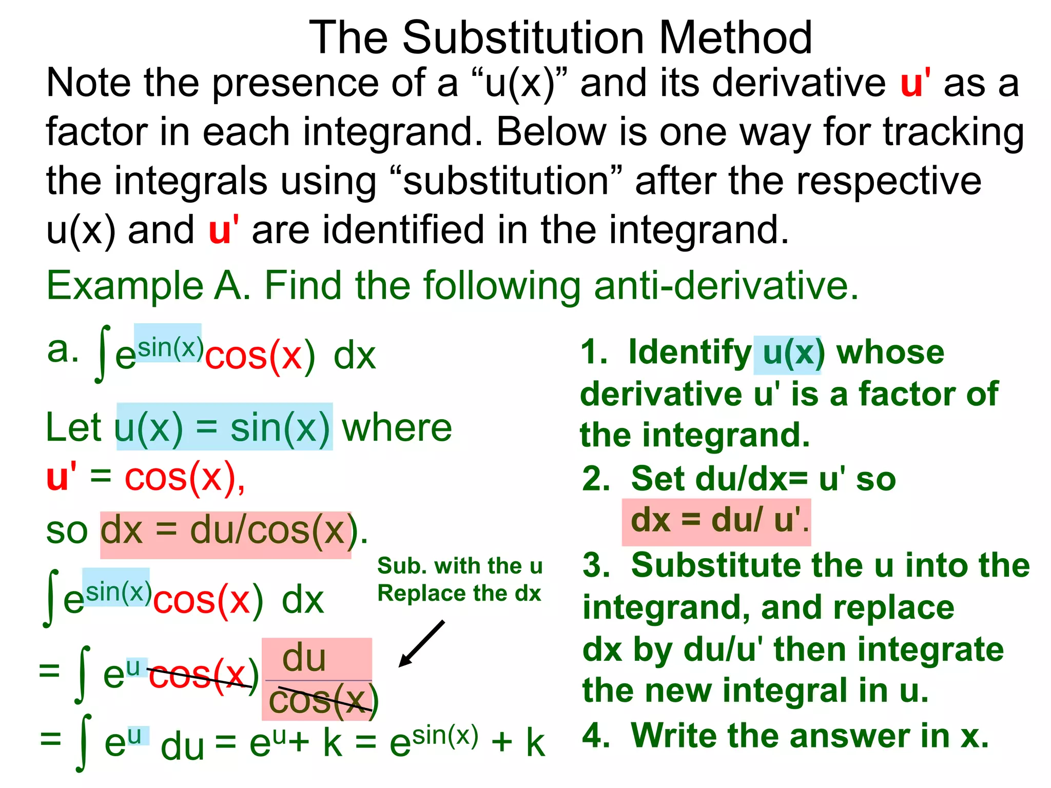 Example A. Find the following anti-derivative.
∫esin(x)cos(x)a. dx
The Substitution Method
1. Identify u(x) whose
derivative u' is a factor of
the integrand.Let u(x) = sin(x) where
u' = cos(x), 2. Set du/dx= u' so
dx = du/ u'.so dx = du/cos(x).
3. Substitute the u into the
integrand, and replace
dx by du/u' then integrate
the new integral in u.
∫esin(x)cos(x) dx
∫ eu cos(x)= du
cos(x)
4. Write the answer in x.
∫ eu= du = eu+ k = esin(x) + k
Sub. with the u
Replace the dx
Note the presence of a “u(x)” and its derivative u' as a
factor in each integrand. Below is one way for tracking
the integrals using “substitution” after the respective
u(x) and u' are identified in the integrand.
 