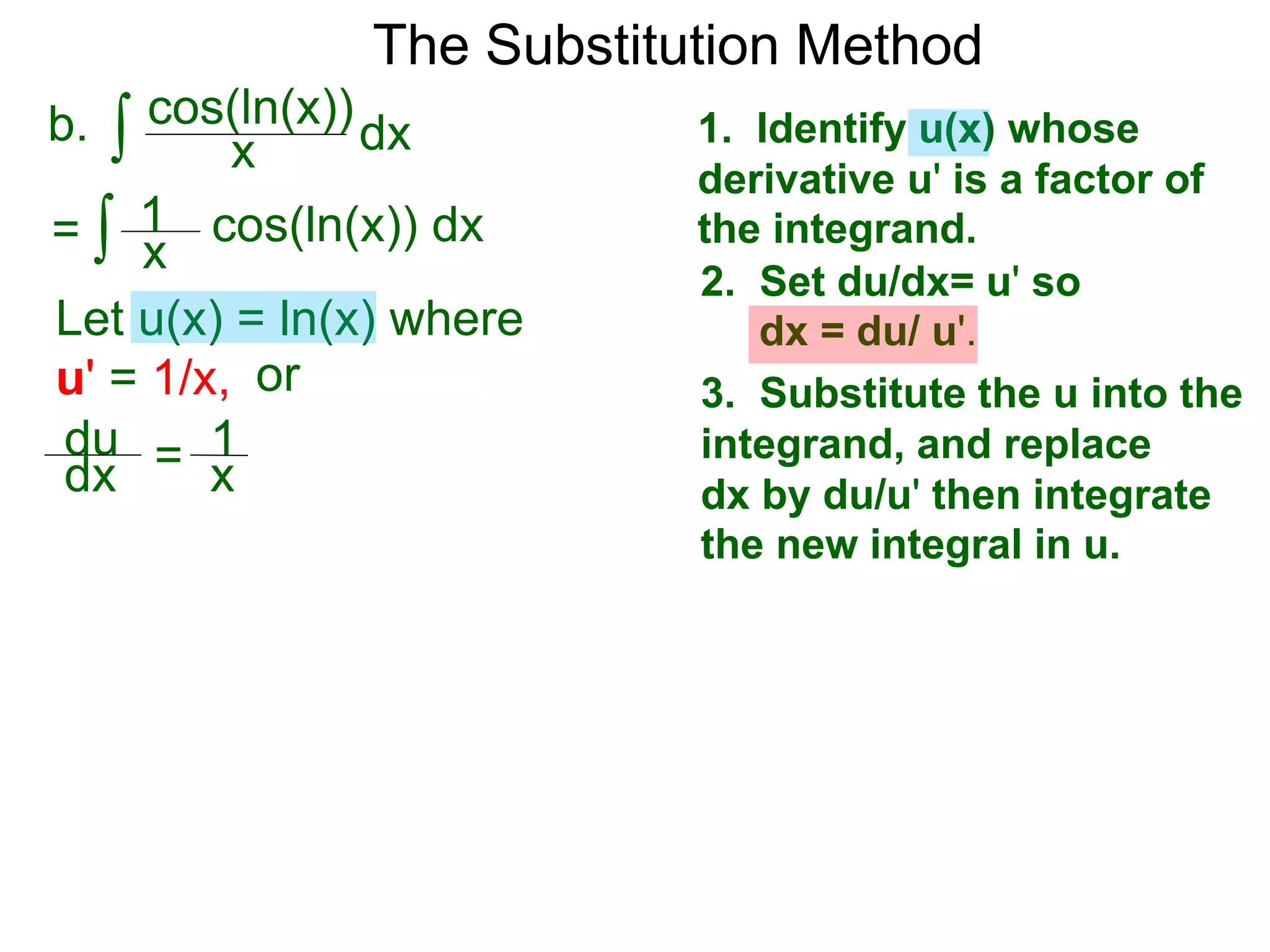 The Substitution Method
∫ cos(ln(x))b. dxx
1. Identify u(x) whose
derivative u' is a factor of
the integrand.
2. Set du/dx= u' so
dx = du/ u'.
3. Substitute the u into the
integrand, and replace
dx by du/u' then integrate
the new integral in u.
Let u(x) = ln(x) where
u' = 1/x, or
du
dx = 1
x
∫ cos(ln(x)) dx= x
1
 