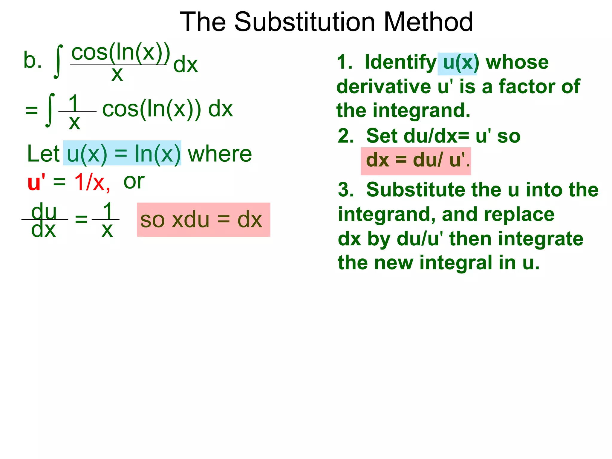 The Substitution Method
∫ cos(ln(x))b. dxx
1. Identify u(x) whose
derivative u' is a factor of
the integrand.
2. Set du/dx= u' so
dx = du/ u'.
3. Substitute the u into the
integrand, and replace
dx by du/u' then integrate
the new integral in u.
Let u(x) = ln(x) where
u' = 1/x, or
du
dx = 1
x so xdu = dx
∫ cos(ln(x)) dx= x
1
 
