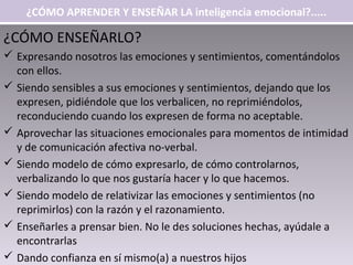 ¿CÓMO APRENDER Y ENSEÑAR LA inteligencia emocional?.....

¿CÓMO ENSEÑARLO?
 Expresando nosotros las emociones y sentimientos, comentándolos
  con ellos.
 Siendo sensibles a sus emociones y sentimientos, dejando que los
  expresen, pidiéndole que los verbalicen, no reprimiéndolos,
  reconduciendo cuando los expresen de forma no aceptable.
 Aprovechar las situaciones emocionales para momentos de intimidad
  y de comunicación afectiva no-verbal.
 Siendo modelo de cómo expresarlo, de cómo controlarnos,
  verbalizando lo que nos gustaría hacer y lo que hacemos.
 Siendo modelo de relativizar las emociones y sentimientos (no
  reprimirlos) con la razón y el razonamiento.
 Enseñarles a prensar bien. No le des soluciones hechas, ayúdale a
  encontrarlas
 Dando confianza en sí mismo(a) a nuestros hijos
 