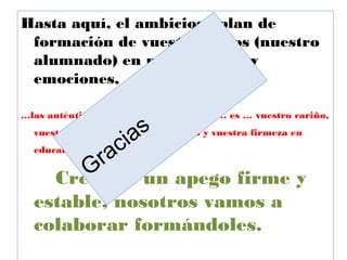 Hasta aquí, el ambicioso plan de
 formación de vuestros hijos (nuestro
 alumnado) en pensamiento y
 emociones, …. pero…

…las auténtica formación en emociones … es … vuestro cariño,

                   ias
  vuestra estabilidad, vuestro apoyo y vuestra firmeza en
                  c
               ra
  educarlos.

             G
    Crearles un apego firme y
  estable, nosotros vamos a
  colaborar formándoles.
 