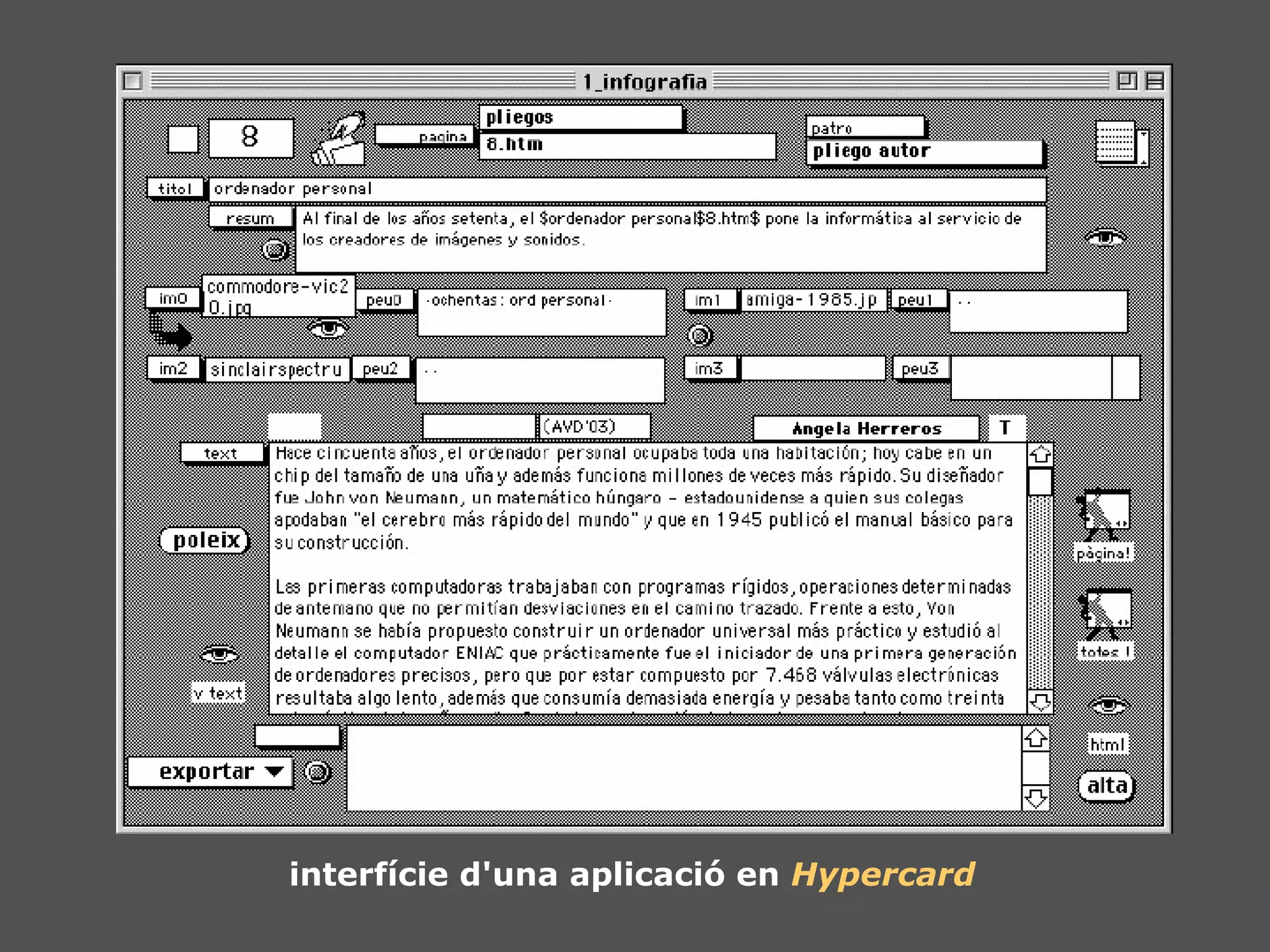 interfície d'una aplicació en  Hypercard 