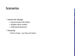 Scenarios
• stories for design
• communicate with others
• validate other models
• understand dynamics
• linearity
• time is linear - our lives are linear
 