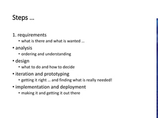 Steps …
1. requirements
• what is there and what is wanted …
• analysis
• ordering and understanding
• design
• what to do and how to decide
• iteration and prototyping
• getting it right … and finding what is really needed!
• implementation and deployment
• making it and getting it out there
 