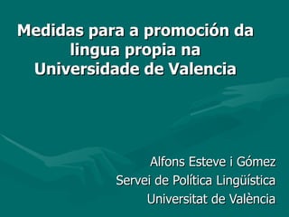 Medidas para a promoción da lingua propia na Universidade de Valencia Alfons Esteve i Gómez Servei de Política Lingüística Universitat de València 