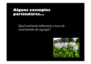 Alguns exemplos
particulares...

Qual nutriente influencia a taxa de
crescimento do aguapé?

 