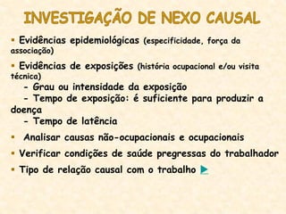  Evidências epidemiológicas (especificidade, força da
associação)
 Evidências de exposições (história ocupacional e/ou visita
técnica)
- Grau ou intensidade da exposição
- Tempo de exposição: é suficiente para produzir a
doença
- Tempo de latência
 Analisar causas não-ocupacionais e ocupacionais
 Verificar condições de saúde pregressas do trabalhador
 Tipo de relação causal com o trabalho 
 