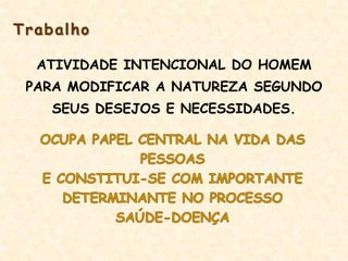 ATIVIDADE INTENCIONAL DO HOMEM
PARA MODIFICAR A NATUREZA SEGUNDO
SEUS DESEJOS E NECESSIDADES.
Trabalho
 