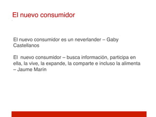 El nuevo consumidor!


El nuevo consumidor es un neverlander – Gaby
Castellanos 
 
El nuevo consumidor – busca información, participa en
ella, la vive, la expande, la comparte e incluso la alimenta
– Jaume Marín 
     
     
     
    !
 