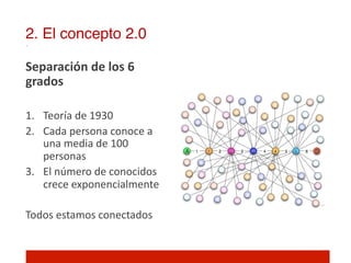 2. El concepto 2.0!

Separación	
  de	
  los	
  6	
  
grados	
  
	
  
1.  Teoría	
  de	
  1930	
  
2.  Cada	
  persona	
  conoce	
  a	
  
    una	
  media	
  de	
  100	
  
    personas	
  
3.  El	
  número	
  de	
  conocidos	
  
    crece	
  exponencialmente	
  

Todos	
  estamos	
  conectados	
  
	
  
 