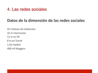 4. Las redes sociales!

Datos	
  de	
  la	
  dimensión	
  de	
  las	
  redes	
  sociales	
  
	
  
45	
  millones	
  de	
  habitantes	
  
32	
  m	
  internautas	
  
12	
  m	
  en	
  FB	
  
8	
  m	
  en	
  Tuen]	
  
1,5m	
  twiIer	
  
400	
  mil	
  bloggers	
  
	
  
 