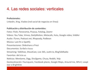 4. Las redes sociales: verticales!

Profesionales:	
  
Linkedin,	
  Xing,	
  Viadeo	
  (red	
  social	
  de	
  negocios	
  en	
  línea)	
  
	
  	
  
Publicación	
  y	
  distribución	
  de	
  contenidos:	
  
Fotos:	
  Flickr,	
  Panoramio,	
  Picassa,	
  Fotolog,	
  Zoomr	
  
Vídeos:	
  You	
  Tube,	
  Vimeo,	
  DailyMo]on,	
  Metacafe,	
  Hulu,	
  Google	
  video,	
  Viddler	
  
Audio:	
  iTunes,	
  Podcast.net,	
  Rhapsody,	
  Podbean	
  
Música:	
  Last.fm	
  o	
  Spo]fy	
  
Presentaciones:	
  Slideshare	
  o	
  Prezi	
  
Documentos:	
  Scribd	
  o	
  Issuu	
  
Streaming:	
  TalkShoe,	
  ShoutCast,	
  Live	
  365,	
  Jus]n.tv,	
  BlogTalkRadio	
  
Favoritos:	
  del.icio.us	
  
No]cias:	
  Menéame,	
  Digg,	
  Divúlgame,	
  Chuza,	
  Reddit,	
  Yelp	
  
Geolocalización:	
  Foursquare,	
  Facebook	
  places,	
  Google	
  Maps,	
  Around	
  me,	
  Whrrl,	
  Loopt	
  
star	
  o	
  Brightkite	
  
	
  
 