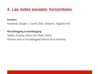 4. Las redes sociales: horizontales!

Sociales:	
  
Facebook,	
  Google	
  +,	
  Tuen],	
  Orku,	
  Diáspora,	
  Tagged	
  o	
  Hi5.	
  
	
  	
  
Microblogging	
  o	
  nanoblogging	
  	
  
TwiIer,	
  Picotea,	
  Status	
  net,	
  Plurk,	
  Twitxr	
  
Yammer	
  para	
  el	
  microblogging	
  interno	
  de	
  la	
  empresa.	
  
 