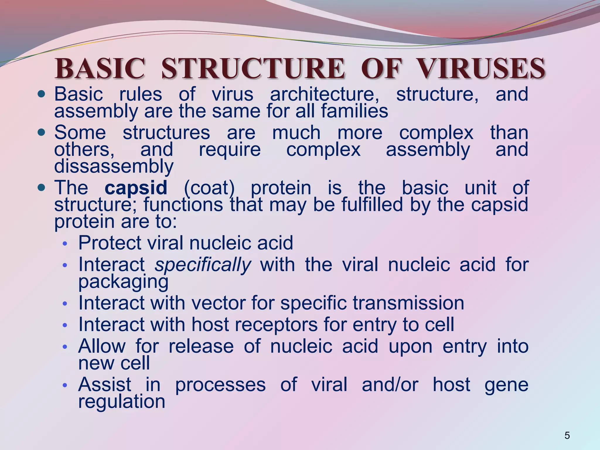 BASIC STRUCTURE OF VIRUSES
 Basic rules of virus architecture, structure, and
assembly are the same for all families
 Some structures are much more complex than
others, and require complex assembly and
dissassembly
 The capsid (coat) protein is the basic unit of
structure; functions that may be fulfilled by the capsid
protein are to:
• Protect viral nucleic acid
• Interact specifically with the viral nucleic acid for
packaging
• Interact with vector for specific transmission
• Interact with host receptors for entry to cell
• Allow for release of nucleic acid upon entry into
new cell
• Assist in processes of viral and/or host gene
regulation
5
 