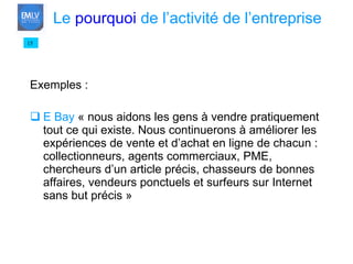 Exemples : E Bay  « nous aidons les gens à vendre pratiquement tout ce qui existe. Nous continuerons à améliorer les expériences de vente et d’achat en ligne de chacun : collectionneurs, agents commerciaux, PME, chercheurs d’un article précis, chasseurs de bonnes affaires, vendeurs ponctuels et surfeurs sur Internet sans but précis » 15 Le  pourquoi  de l’activité de l’entreprise 
