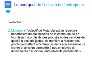 Exemples : Motorola  « l’objectif de Motorola est de répondre honorablement aux besoins de la communauté en fournissant aux clients des produits et des services de qualité à des prix justes, de manière à réaliser des profits permettant à l’entreprise dans son ensemble de croître et ainsi de permettre à nos employés et actionnaires d’atteindre leurs objectifs personnels » 16 Le  pourquoi  de l’activité de l’entreprise 