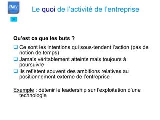 Qu’est ce que les buts ? Ce sont les intentions qui sous-tendent l’action (pas de notion de temps) Jamais véritablement atteints mais toujours à poursuivre Ils reflètent souvent des ambitions relatives au positionnement externe de l’entreprise Exemple  : détenir le leadership sur l’exploitation d’une technologie 20 Le  quoi  de l’activité de l’entreprise 