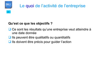 Qu’est ce que les objectifs ? Ce sont les résultats qu’une entreprise veut atteindre à une date donnée Ils peuvent être qualitatifs ou quantitatifs Ils doivent être précis pour guider l’action 21 Le  quoi  de l’activité de l’entreprise 