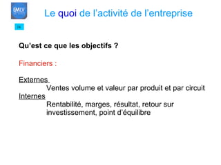 Qu’est ce que les objectifs ? Financiers : Externes  Ventes volume et valeur par produit et par circuit Internes Rentabilité, marges, résultat, retour sur investissement, point d’équilibre 24 Le  quoi  de l’activité de l’entreprise 
