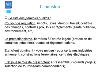 28 L’industrie Le rôle des pouvoirs publics : Pouvoir de régulation , impôts, taxes, droit du travail, contrôle  des changes, contrôles prix, lois et règlements (santé publique,  environnement, etc) Le protectionnisme , barrières à l’entrée légale (protection de  certaines industries), quotas et règlementtations. Etat client dominant  - voire unique - pour certaines industries armement, constructions ferroviaires, centrales électriques Etat joue le rôle de prescripteur  et rassembleur (grands projets,  sélection de fournisseurs correspondants) 