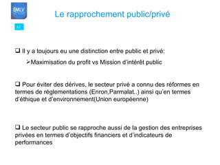 62 Le rapprochement public/privé Il y a toujours eu une distinction entre public et privé: Maximisation du profit vs Mission d’intérêt public Pour éviter des dérives, le secteur privé a connu des réformes en termes de réglementations (Enron,Parmalat..) ainsi qu’en termes d’éthique et d’environnement(Union européenne) Le secteur public se rapproche aussi de la gestion des entreprises privées en termes d’objectifs financiers et d’indicateurs de performances 