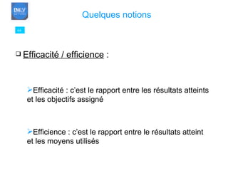64 Quelques notions Efficacité / efficience  : Efficacité : c’est le rapport entre les résultats atteints et les objectifs assigné Efficience : c’est le rapport entre le résultats atteint et les moyens utilisés 