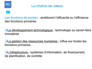 81 La chaîne de valeur Les fonctions de soutien  : améliorent l’efficacité ou l’efficience des fonctions primaires Le développement technologique  : technologie ou savoir-faire  immatériel La gestion des ressources humaines  : influe sur toutes les  fonctions primaires L’infrastructure  : systèmes d’information, de financement,  de planification, de contrôle 