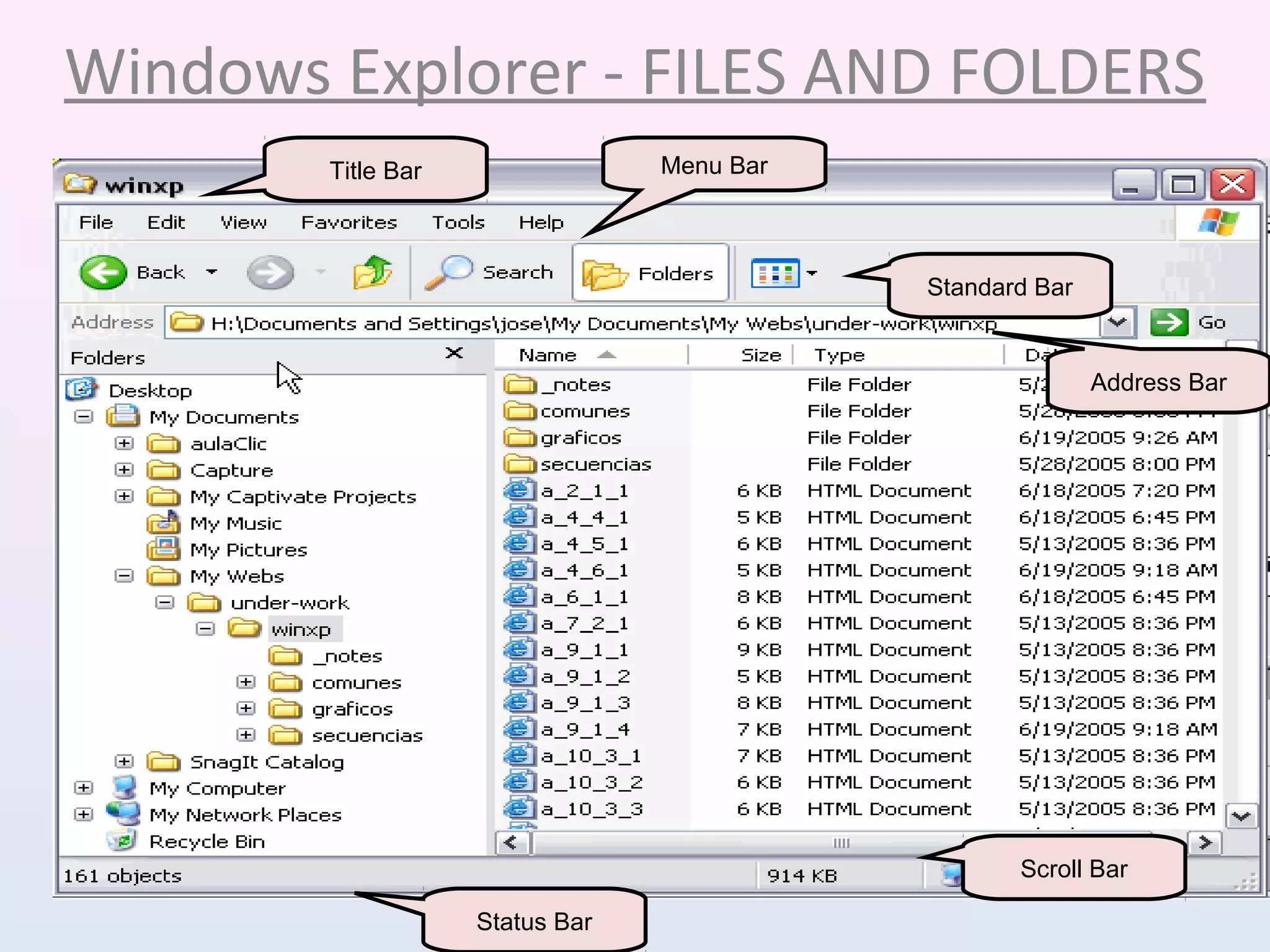 Windows Explorer - FILES AND FOLDERS
Title Bar Menu Bar
Standard Bar
Address Bar
Status Bar
Scroll Bar
 