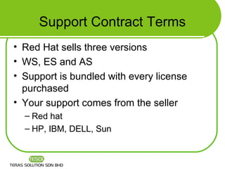 Support Contract Terms
• Red Hat sells three versions
• WS, ES and AS
• Support is bundled with every license
  purchased
• Your support comes from the seller
  – Red hat
  – HP, IBM, DELL, Sun
 