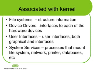 Associated with kernel
• File systems – structure information
• Device Drivers –interfaces to each of the
  hardware devices
• User Interfaces – user interfaces, both
  graphical and interfaces
• System Services – processes that mount
  file system, network, printer, databases,
  etc
 