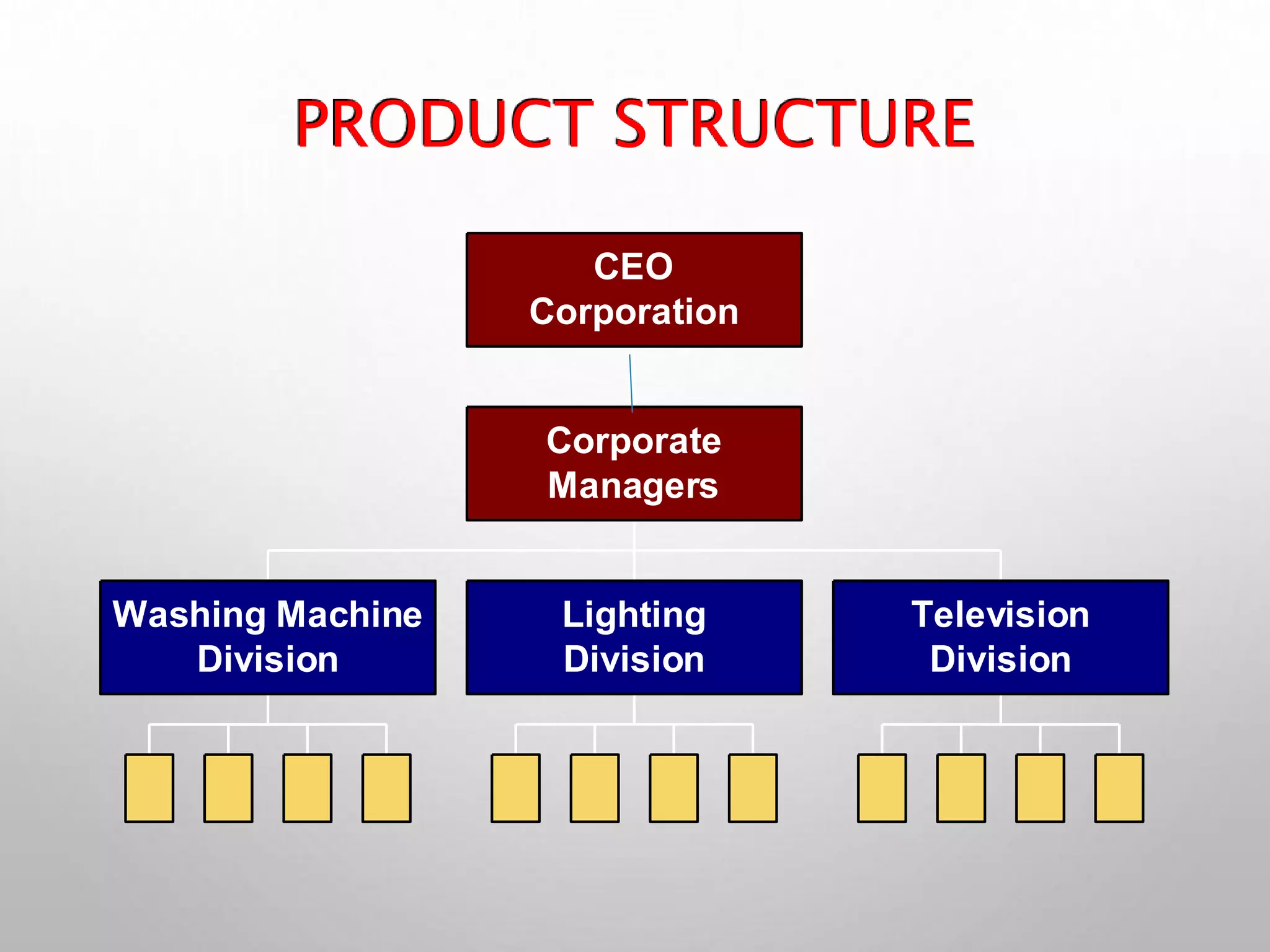 PRODUCT STRUCTURE
Washing Machine
Division
Lighting
Division
Television
Division
Corporate
Managers
CEO
Corporation
 