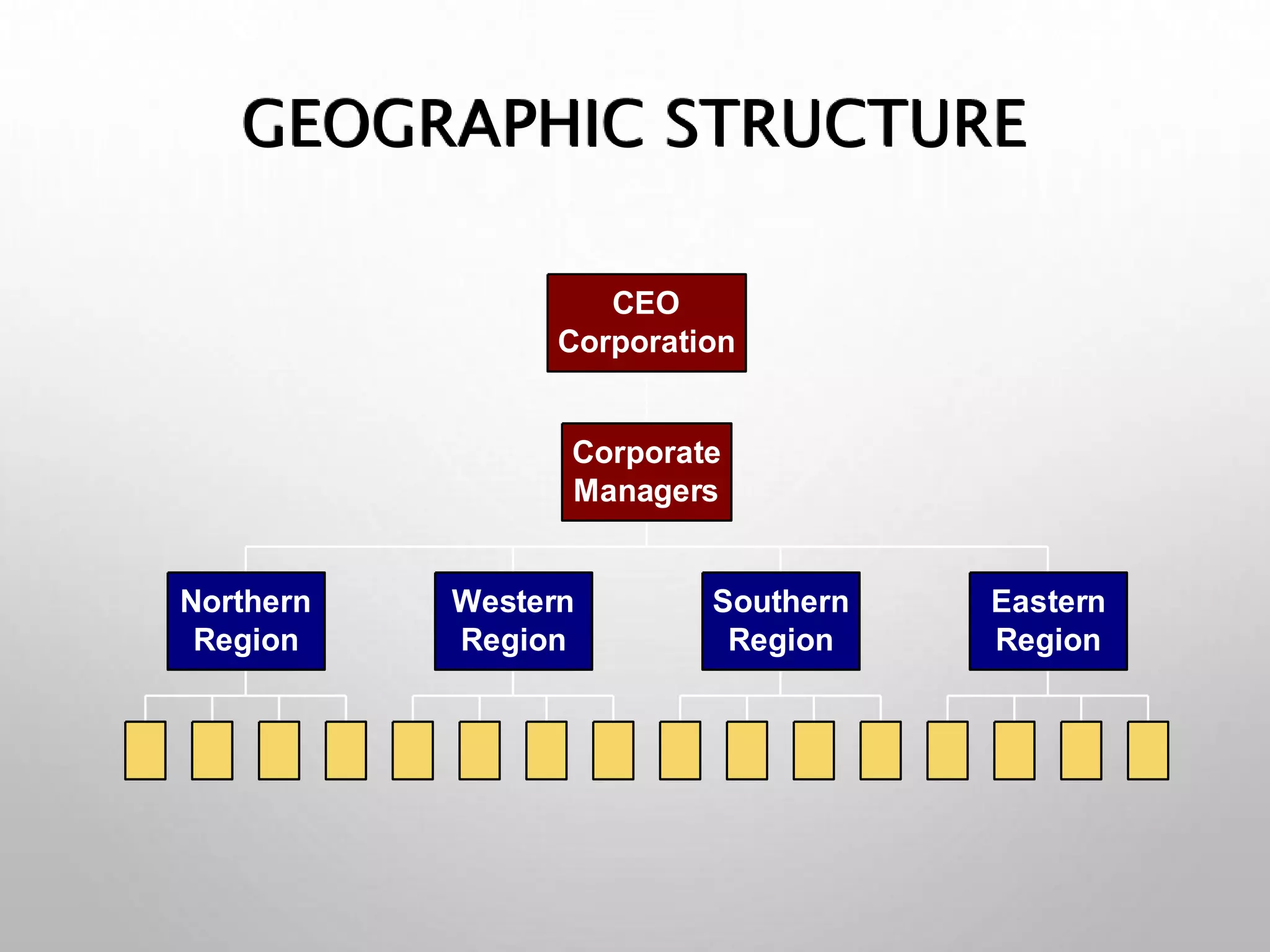 GEOGRAPHIC STRUCTURE
Northern
Region
Western
Region
Southern
Region
Eastern
Region
Corporate
Managers
CEO
Corporation
 