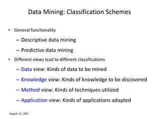 August 13, 2021
Data Mining: Classification Schemes
• General functionality
– Descriptive data mining
– Predictive data mining
• Different views lead to different classifications
– Data view: Kinds of data to be mined
– Knowledge view: Kinds of knowledge to be discovered
– Method view: Kinds of techniques utilized
– Application view: Kinds of applications adapted
 