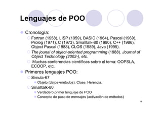 Lenguajes de POOLenguajes de POO
C l íCronología:
Fortran (1958), LISP (1959), BASIC (1964), Pascal (1969),
Prolog (1971), C (1973), Smalltalk-80 (1980), C++ (1986),g ( ), ( ), ( ), ( ),
Object Pascal (1988), CLOS (1989), Java (1995).
The jounal of object-oriented programming (1988). Journal of
Object Technology (2002-) etcObject Technology (2002 ), etc.
Muchas conferencias científicas sobre el tema: OOPSLA,
ECOOP, etc.
Primeros lenguajes POO:
Simula-67
Objeto (datos+métodos) Clase HerenciaObjeto (datos+métodos). Clase. Herencia.
Smalltalk-80
Verdadero primer lenguaje de POO
C t d d j ( ti ió d ét d )
18
Concepto de paso de mensajes (activación de métodos)
 