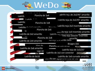 Ladrillo de 1x4 rojo
Ladrillo 1x6 curvado
Bisagra de 1x2 rojo
Ladrillo teja de 1x2 45°
Ladrillo teja invertido de 1x2
Viga de 1x2
Viga de 1x6
Viga de 1x8
Viga de 1x16
Ladrillo de 2x2 rojo
Ladrillo de 2x4 rojo
Ladrillo de 2x6 rojo
Ladrillo teja de 2x2 rojo
Ladrillo teja invertido de 2x2 rojo
Ladrillo con agujero en cruz de 1x2
Ladrillo de 1x2 con conector
Plancha de 2x4 verde
Azulejo 1x4 verde claro
Ladrillo de 2x2 redondo
Plancha giratoria de 2x2 rojo
Plancha deslizante rojo
Viga con plancha de 2 módulosLadrillo teja de 2x2/45° amarillo
Ladrillo teja de 2x2/45° amarillo
Ladrillo teja 2x2 invertido amarillo
Ladrillo teja 1x3 invertido amarillo
Ladrillo teja 2x3/25° invertido
amarillo
Bisagra 1X2
Ladrillo teja de 1x3/25°
Ladrillo de 1x6 curvado amarillo
Ladrillo de 1x2 amarillo
Ladrillo de 1x4 amarillo
Ladrillo de 1x6 amarillo
Ladrillo de 2x2 amarillo
Ladrillo de 2x4 amarillo
Ladrillo de 2x6 amarillo
Ladrillo de 8x16
Plancha de 1x4
Plancha de 1x8
Plancha de 2x6
Plancha de 2x8
 