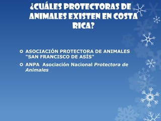 ¿Cuáles protectoras de
animales existen en Costa
Rica?
 ASOCIACIÓN PROTECTORA DE ANIMALES
"SAN FRANCISCO DE ASÍS"
 ANPA Asociación Nacional Protectora de
Animales
 