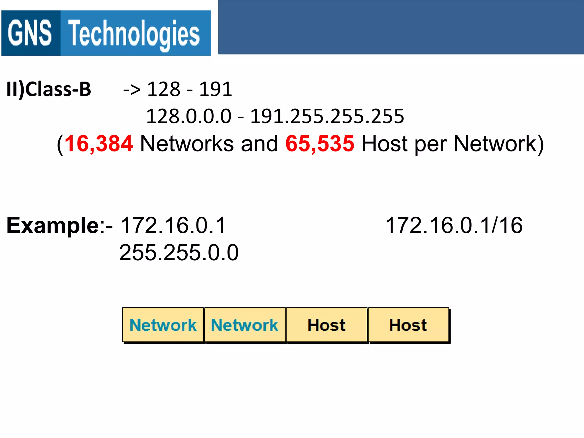 II)Class-B -> 128 - 191
128.0.0.0 - 191.255.255.255
(16,384 Networks and 65,535 Host per Network)
Example:- 172.16.0.1 172.16.0.1/16
255.255.0.0