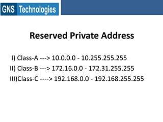 Reserved Private Address
I) Class-A ---> 10.0.0.0 - 10.255.255.255
II) Class-B ---> 172.16.0.0 - 172.31.255.255
III)Class-C ----> 192.168.0.0 - 192.168.255.255
 