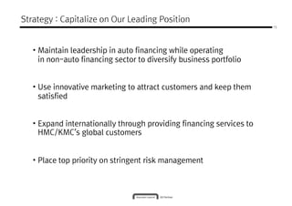 Strategy : Capitalize on Our Leading Position
                                                                      15




   • Maintain leadership in auto financing while operating
     in non-auto financing sector to diversify business portfolio


   • Use innovative marketing to attract customers and keep them
     satisfied


   • Expand internationally through providing financing services to
               ’
     HMC/KMC’s global customers


   • Place top priority on stringent risk management
 