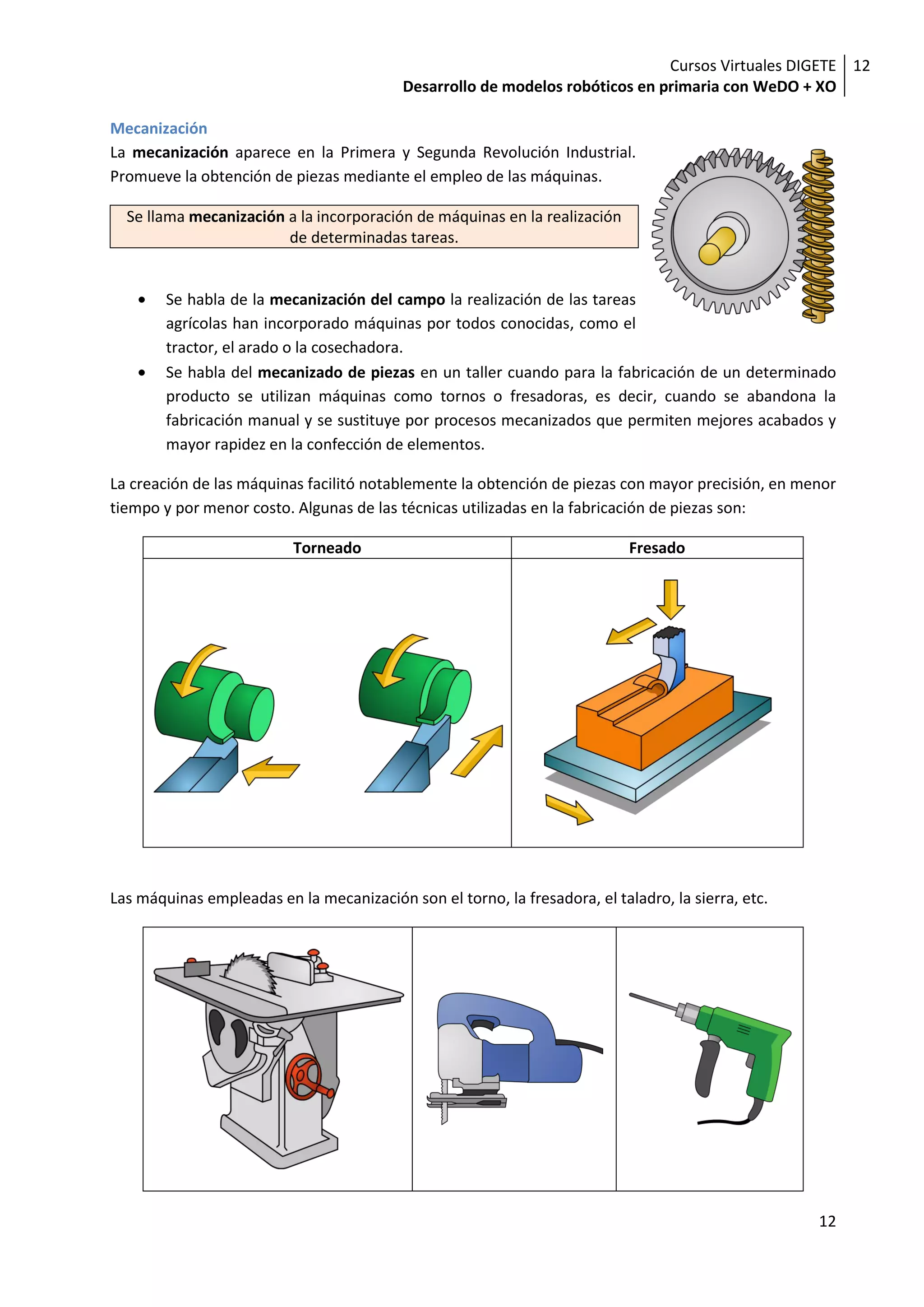 Cursos Virtuales DIGETE 12
                                           Desarrollo de modelos robóticos en primaria con WeDO + XO

Mecanización
La mecanización aparece en la Primera y Segunda Revolución Industrial.
Promueve la obtención de piezas mediante el empleo de las máquinas.

  Se llama mecanización a la incorporación de máquinas en la realización
                        de determinadas tareas.


        Se habla de la mecanización del campo la realización de las tareas
        agrícolas han incorporado máquinas por todos conocidas, como el
        tractor, el arado o la cosechadora.
        Se habla del mecanizado de piezas en un taller cuando para la fabricación de un determinado
        producto se utilizan máquinas como tornos o fresadoras, es decir, cuando se abandona la
        fabricación manual y se sustituye por procesos mecanizados que permiten mejores acabados y
        mayor rapidez en la confección de elementos.

La creación de las máquinas facilitó notablemente la obtención de piezas con mayor precisión, en menor
tiempo y por menor costo. Algunas de las técnicas utilizadas en la fabricación de piezas son:

                          Torneado                                          Fresado




Las máquinas empleadas en la mecanización son el torno, la fresadora, el taladro, la sierra, etc.




                                                                                                    12
 