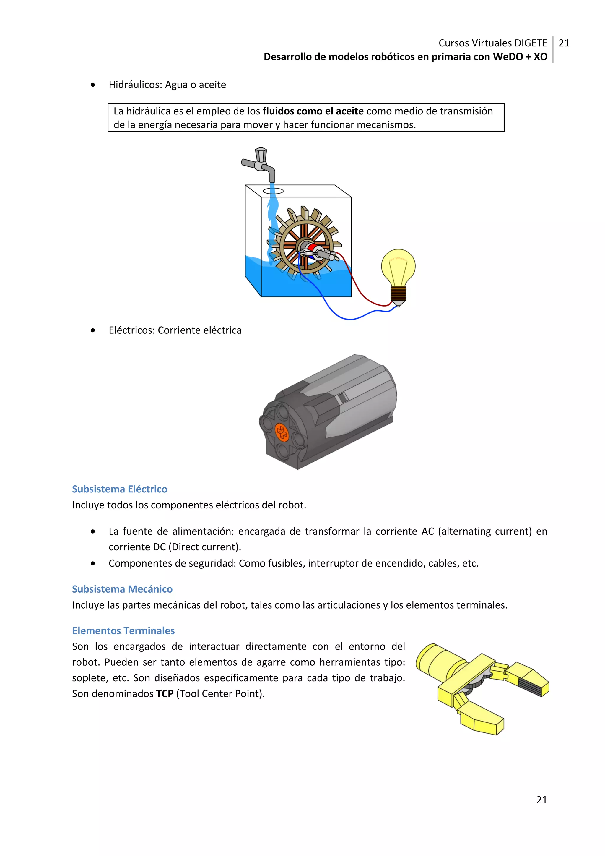 Cursos Virtuales DIGETE 21
                                          Desarrollo de modelos robóticos en primaria con WeDO + XO

        Hidráulicos: Agua o aceite

         La hidráulica es el empleo de los fluidos como el aceite como medio de transmisión
         de la energía necesaria para mover y hacer funcionar mecanismos.




        Eléctricos: Corriente eléctrica




Subsistema Eléctrico
Incluye todos los componentes eléctricos del robot.

        La fuente de alimentación: encargada de transformar la corriente AC (alternating current) en
        corriente DC (Direct current).
        Componentes de seguridad: Como fusibles, interruptor de encendido, cables, etc.

Subsistema Mecánico
Incluye las partes mecánicas del robot, tales como las articulaciones y los elementos terminales.

Elementos Terminales
Son los encargados de interactuar directamente con el entorno del
robot. Pueden ser tanto elementos de agarre como herramientas tipo:
soplete, etc. Son diseñados específicamente para cada tipo de trabajo.
Son denominados TCP (Tool Center Point).




                                                                                                    21
 